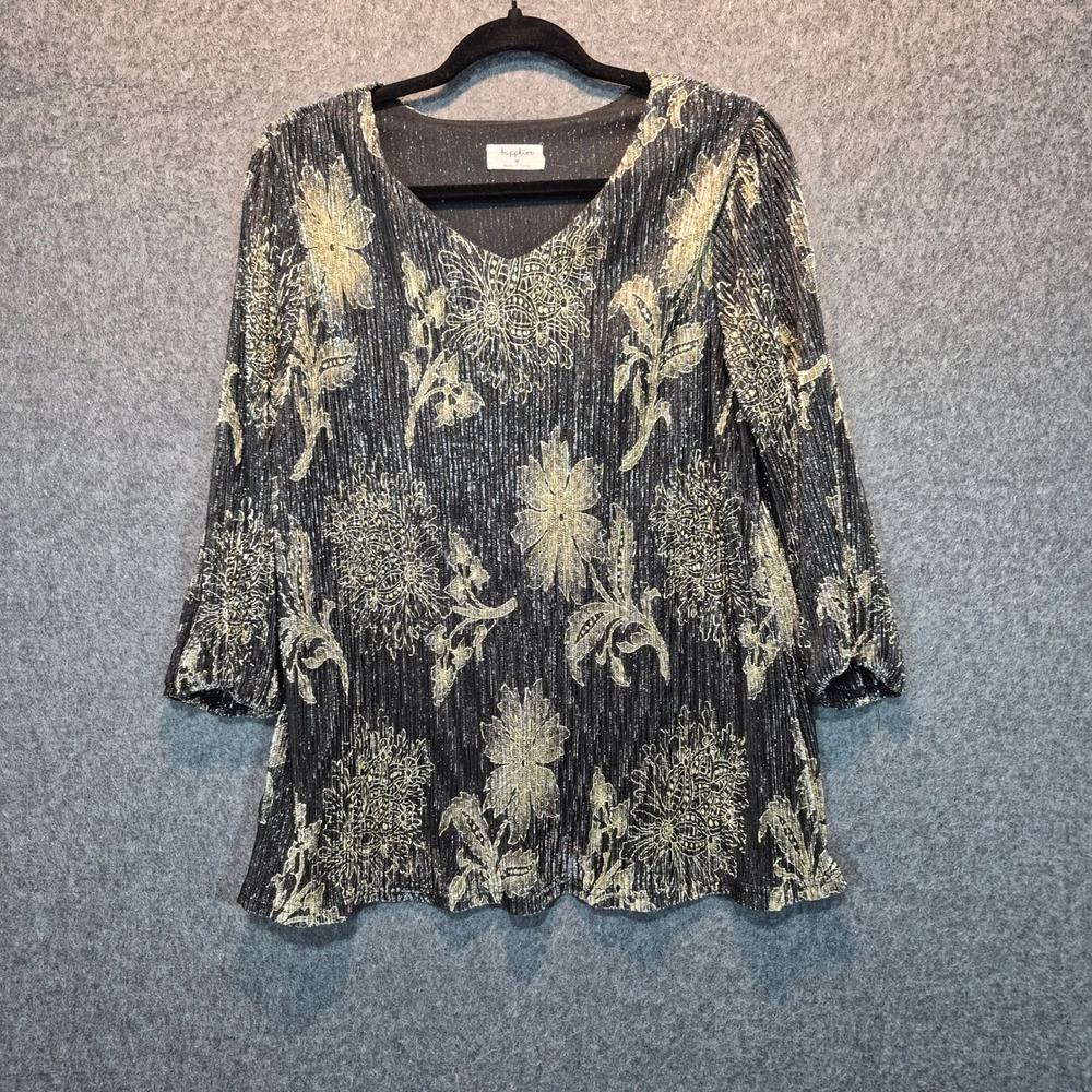 Sapphire Metallic Floral Crinkle V-Neck Med Contemporary Boho Whimsygoth